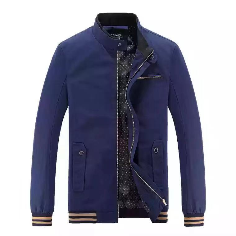 Men's modern bomber-style transitional jacket with stand-up collar, striped ribbed cuffs, and dot lining Mune Fashion