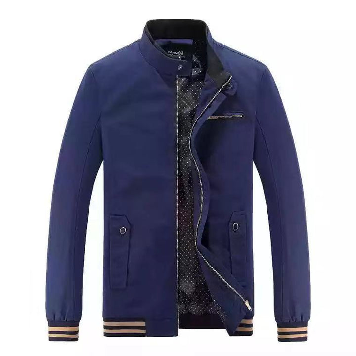 Men's modern bomber-style transitional jacket with stand-up collar, striped ribbed cuffs, and dot lining Mune Fashion