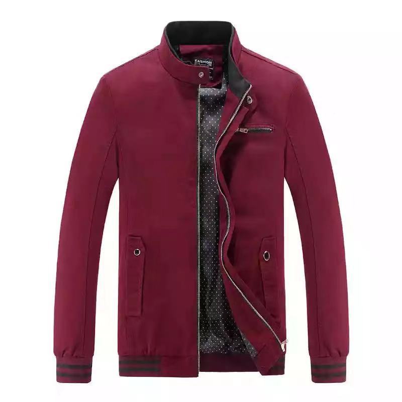 Men's modern bomber-style transitional jacket with stand-up collar, striped ribbed cuffs, and dot lining Mune Fashion