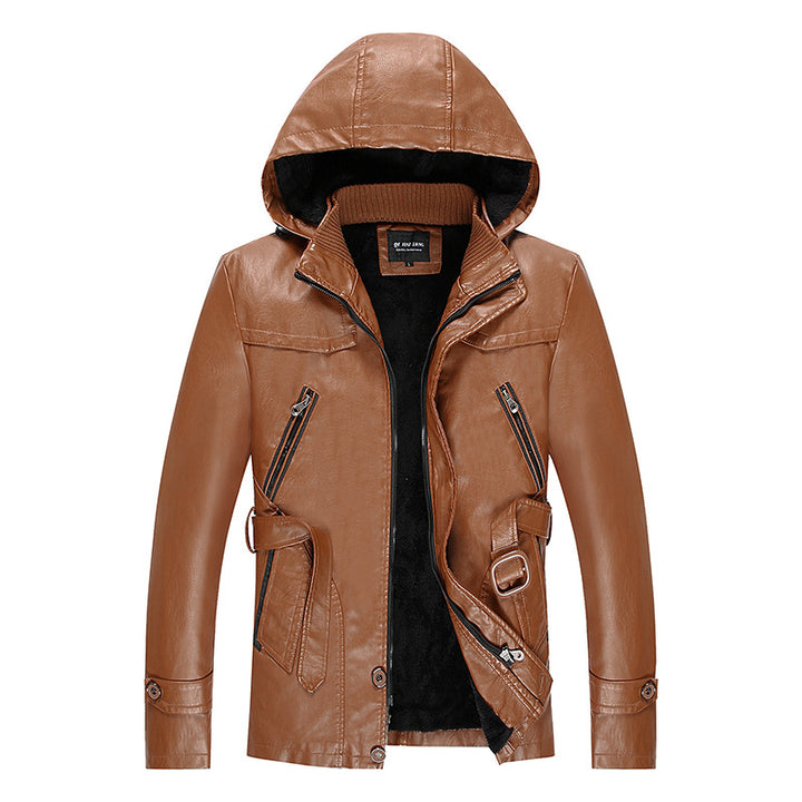 Men's leather jacket with hood and teddy lining, multifunctional utility biker jacket Mune Fashion