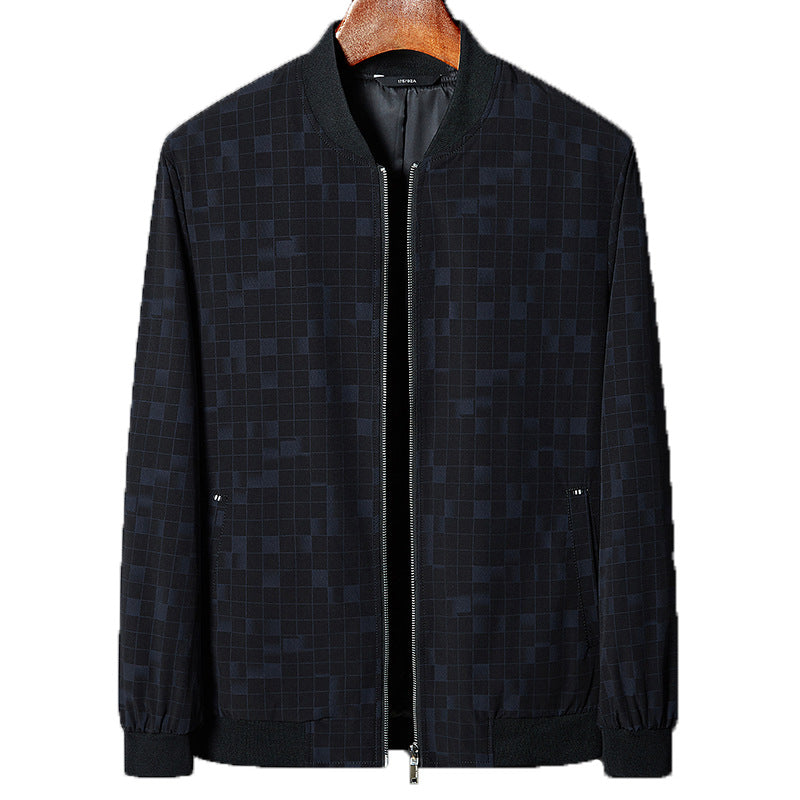 Men's Lightweight Checked Pixel Bomber Jacket with Stand Collar, Full Zip and Ribbed Cuffs Mune Fashion