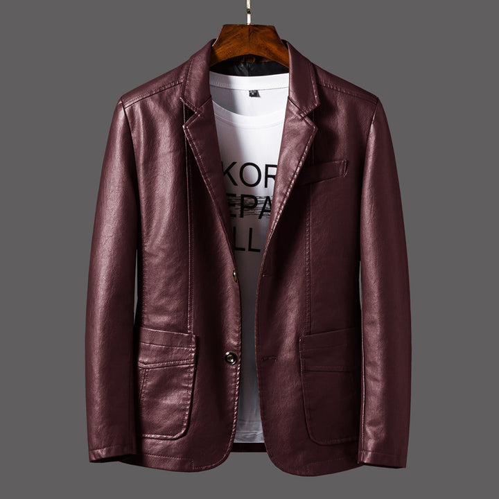 Men's Elegant Faux Leather Blazer with Shirt Collar and Patch Pockets Mune Fashion