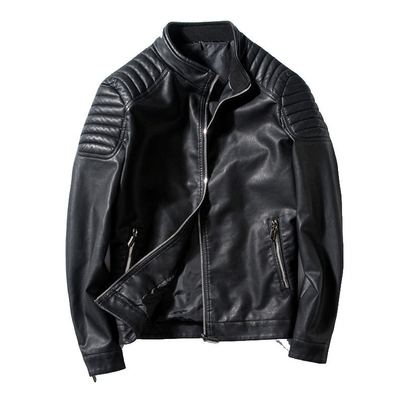 Men's Slim-Fit Faux Leather Biker Jacket with Stand Collar and Shoulder Padding Mune Fashion