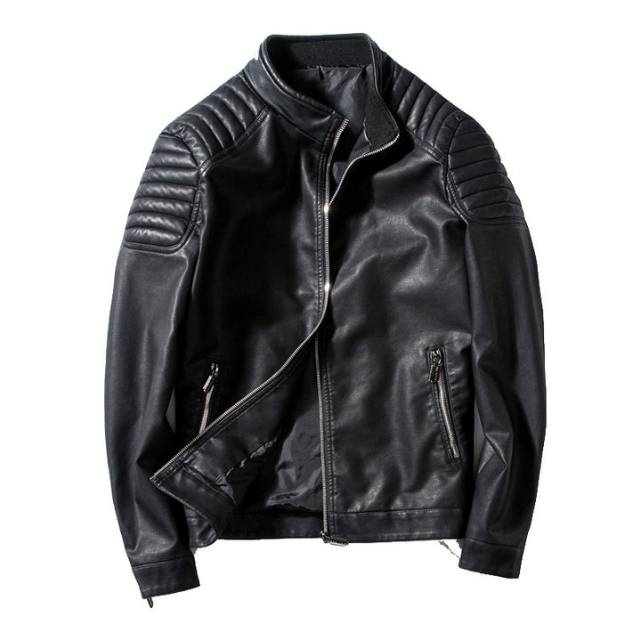 Men's Slim-Fit Faux Leather Biker Jacket with Stand Collar and Shoulder Padding Mune Fashion