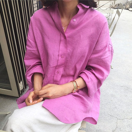 Women's Urban Oversized Linen Shirt with Open Collar and Boxy Silhouette Mune Fashion