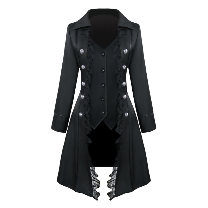 Ladies tailored evening coat in Steampunk style with lace trim and decorative silver buttons Mune Fashion