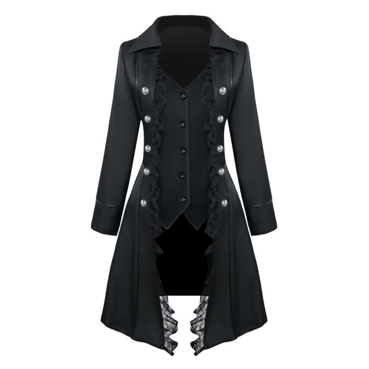Ladies tailored evening coat in Steampunk style with lace trim and decorative silver buttons Mune Fashion