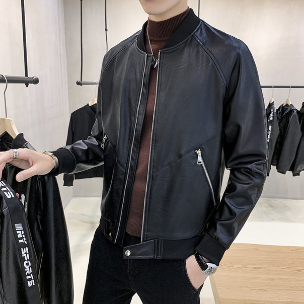 Men's Slim-Fit Faux Leather Bomber Jacket with Asymmetrical Seam Design, Diagonal Zipper Pocket Detail, and Ribbed Cuffs Mune Fashion
