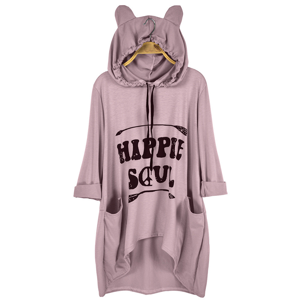 Women's Oversized Hoodie Dress with Hood and Ears, Kangaroo Pockets & Statement Print Mune Fashion