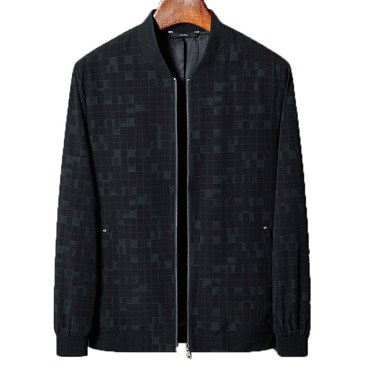Men's Lightweight Checked Pixel Bomber Jacket with Stand Collar, Full Zip and Ribbed Cuffs Mune Fashion
