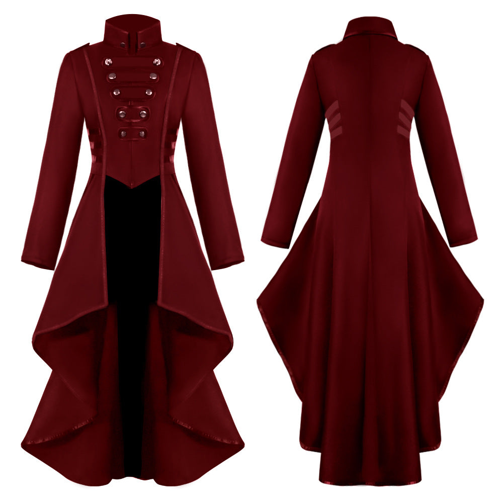 Men's fitted brocade coat in military style with stand-up collar and decorative cord.