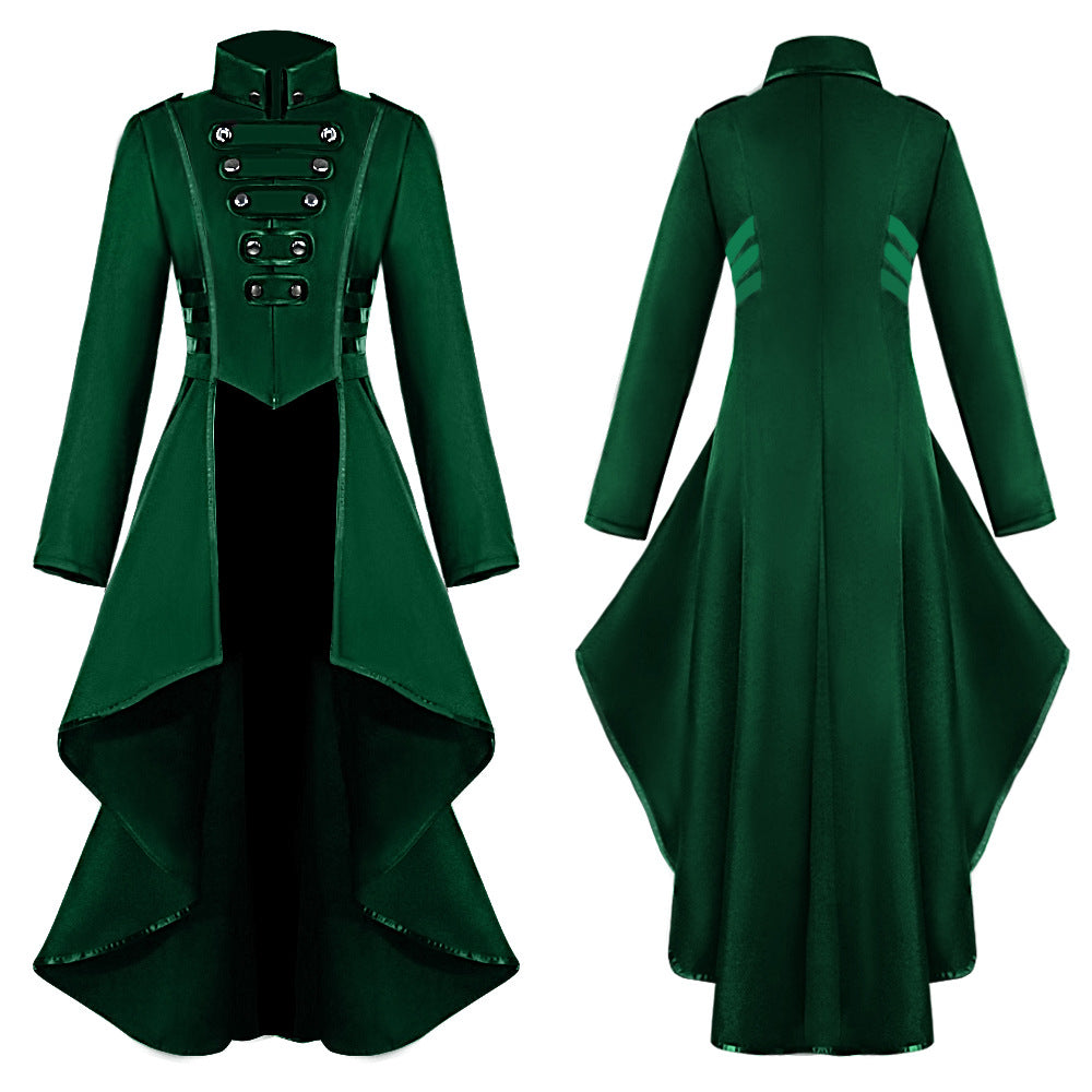 Men's fitted brocade coat in military style with stand-up collar and decorative cord.