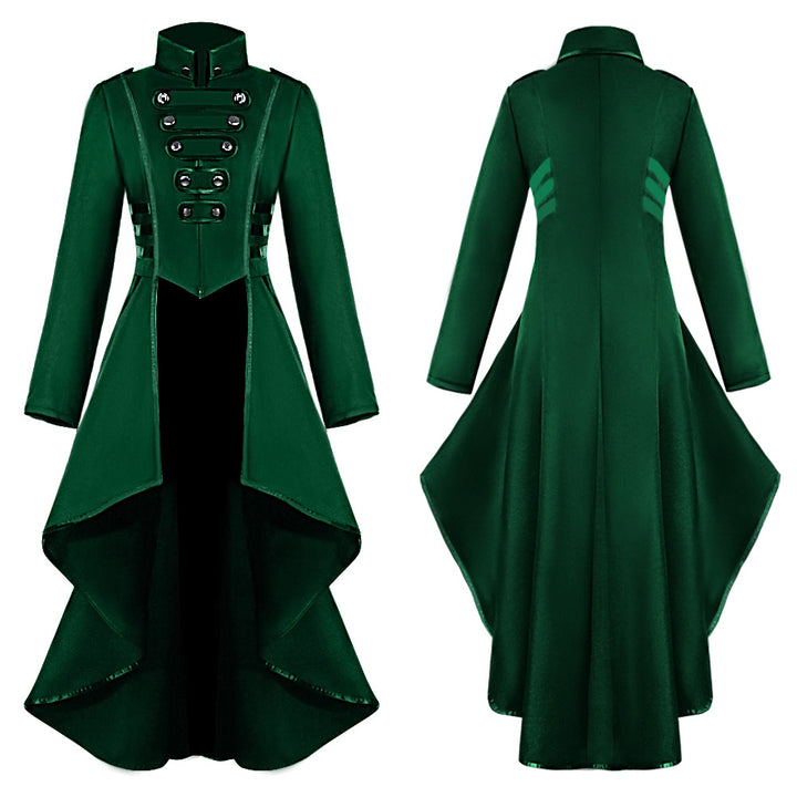 Men's fitted brocade coat in military style with stand-up collar and decorative cord.