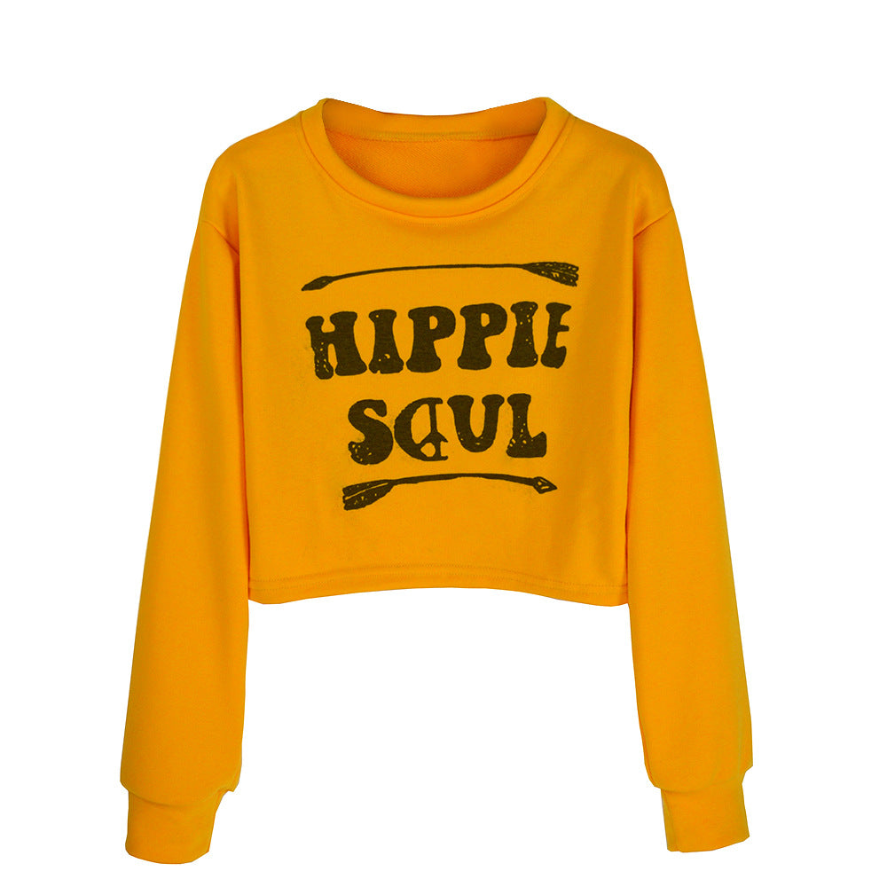 Ladies Short Cropped Sweatshirt with Print, Round Neck and Long Sleeves Mune Fashion