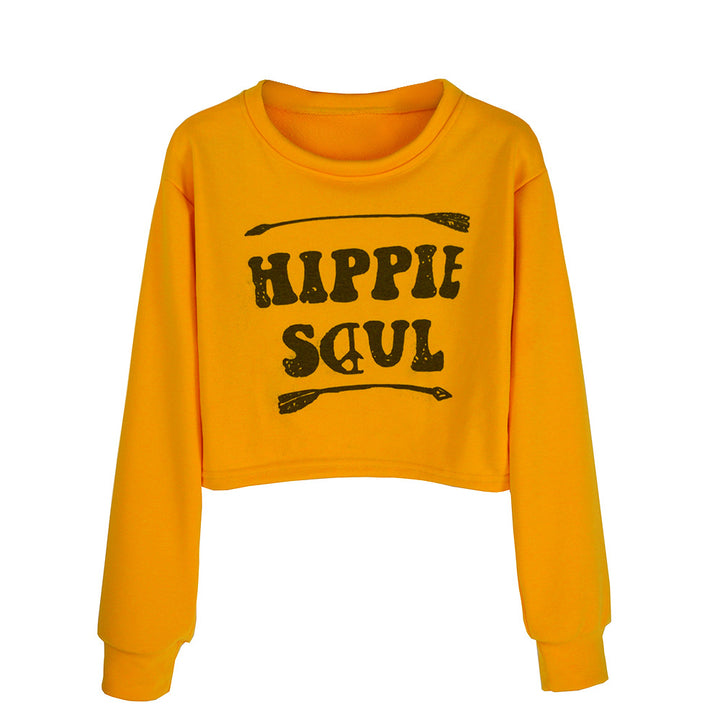 Ladies Short Cropped Sweatshirt with Print, Round Neck and Long Sleeves Mune Fashion