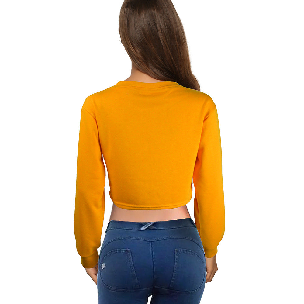 Ladies Short Cropped Sweatshirt with Print, Round Neck and Long Sleeves Mune Fashion