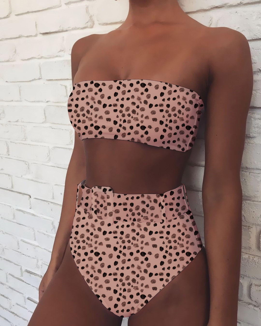 Women High-waisted Bandeau Bikini Set with trendy leopard print Mune Fashion