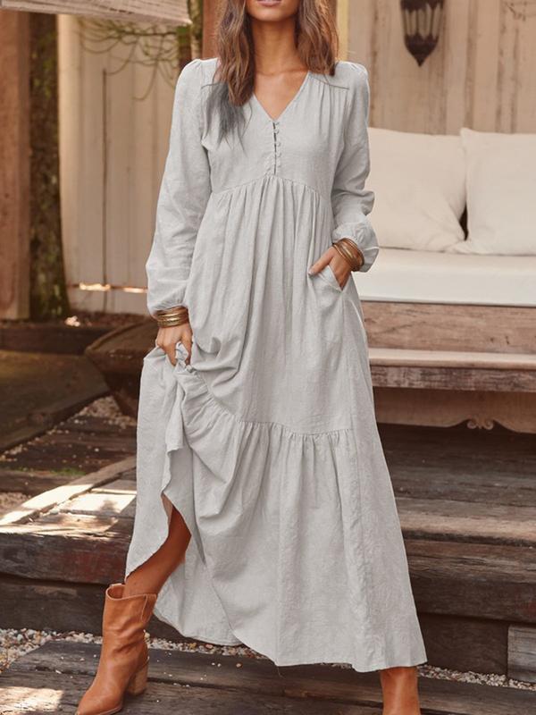 Women's airy maxi dress with V-neck, long sleeves, and side pockets Mune Fashion