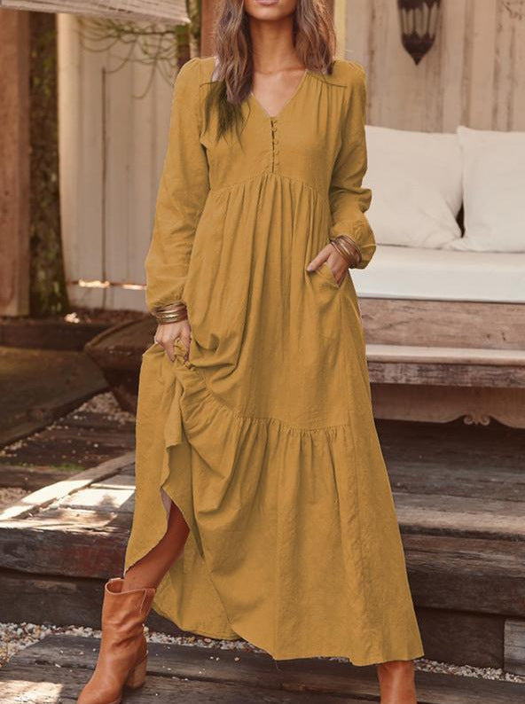 Women's airy maxi dress with V-neck, long sleeves, and side pockets Mune Fashion