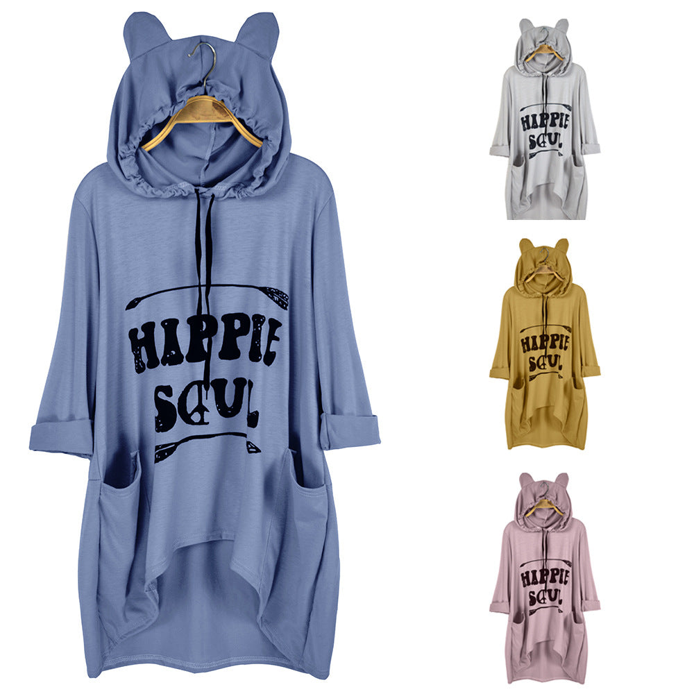 Women's Oversized Hoodie Dress with Hood and Ears, Kangaroo Pockets & Statement Print Mune Fashion
