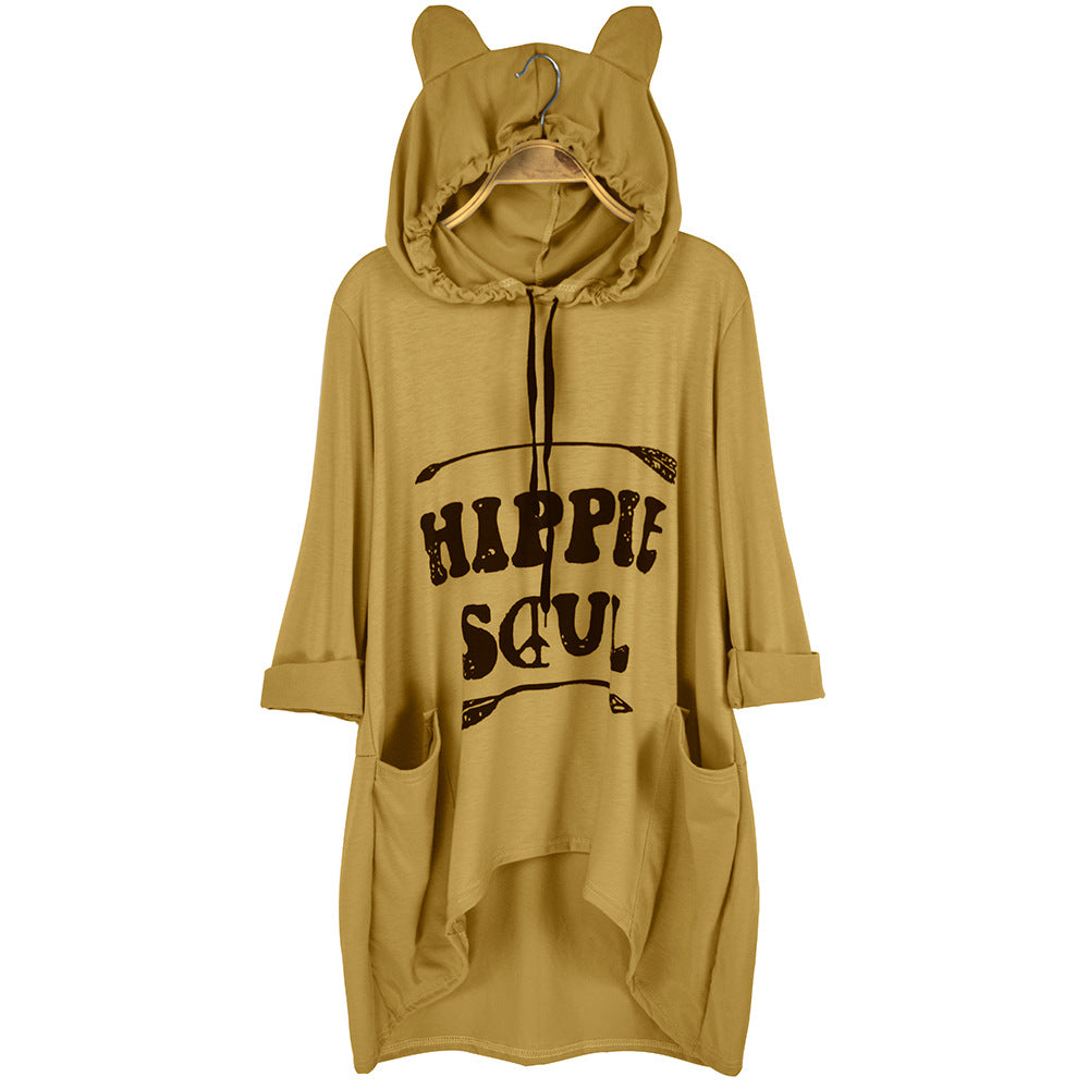 Women's Oversized Hoodie Dress with Hood and Ears, Kangaroo Pockets & Statement Print Mune Fashion