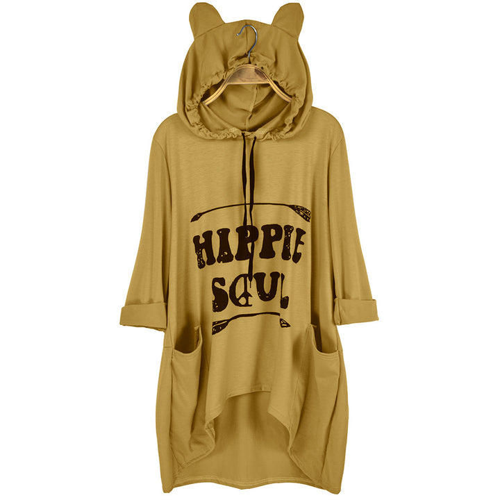 Women's Oversized Hoodie Dress with Hood and Ears, Kangaroo Pockets & Statement Print Mune Fashion