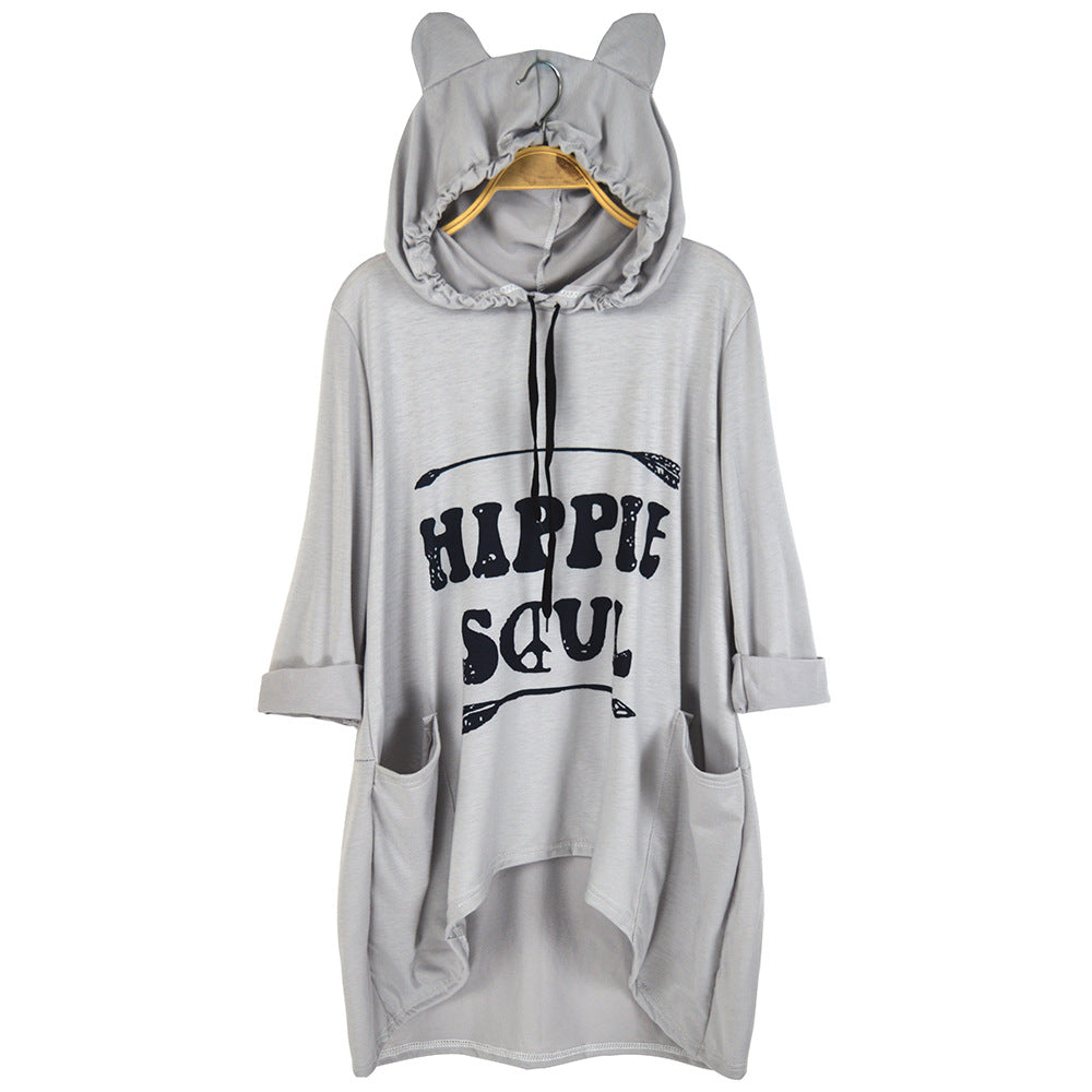 Women's Oversized Hoodie Dress with Hood and Ears, Kangaroo Pockets & Statement Print Mune Fashion