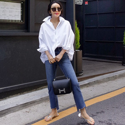 Women's Oversize Boxy Shirt Blouse with Extended Back and Dropped Shoulder Mune Fashion
