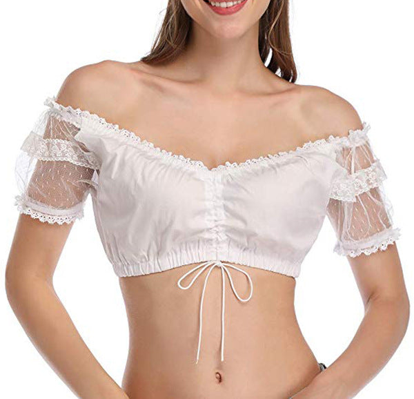 Women's short Carmen blouse with lace sleeves and gathered drawstring Mune Fashion
