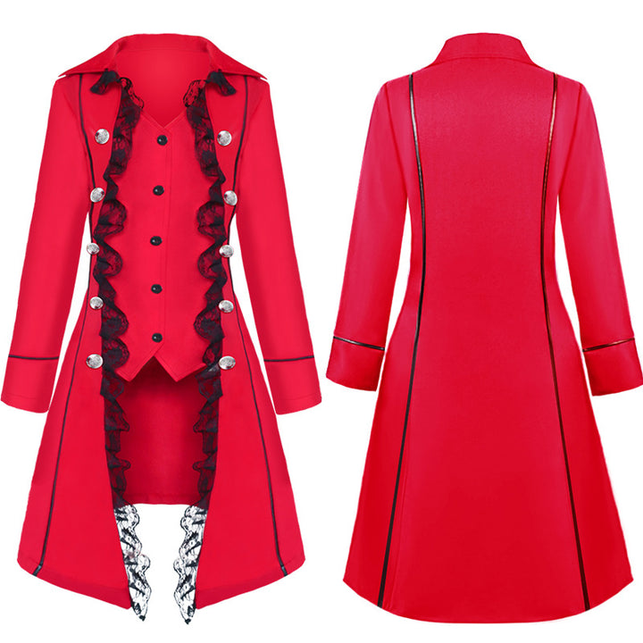 Men's fitted brocade coat in military style with stand-up collar and decorative cord.