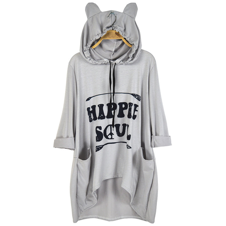 Women's Oversized Hoodie Dress with Hood and Ears, Kangaroo Pockets & Statement Print Mune Fashion