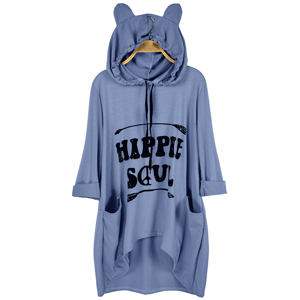 Women's Oversized Hoodie Dress with Hood and Ears, Kangaroo Pockets & Statement Print Mune Fashion