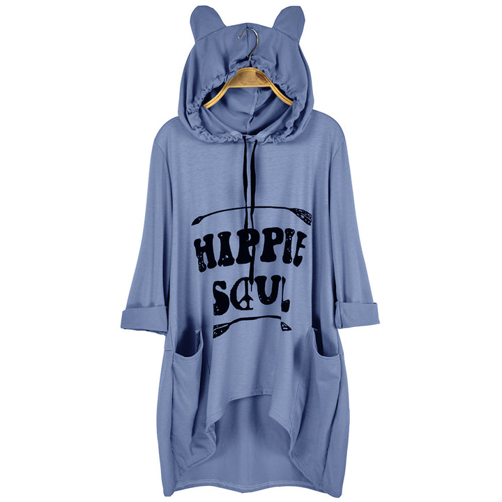Women's Oversized Hoodie Dress with Hood and Ears, Kangaroo Pockets & Statement Print Mune Fashion