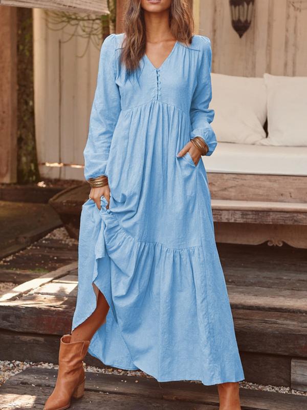 Women's airy maxi dress with V-neck, long sleeves, and side pockets Mune Fashion