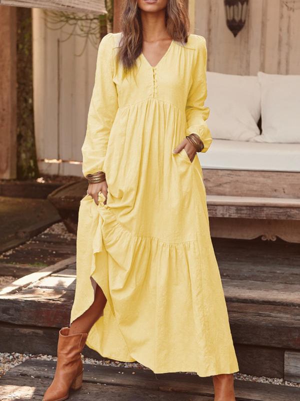 Women's airy maxi dress with V-neck, long sleeves, and side pockets Mune Fashion