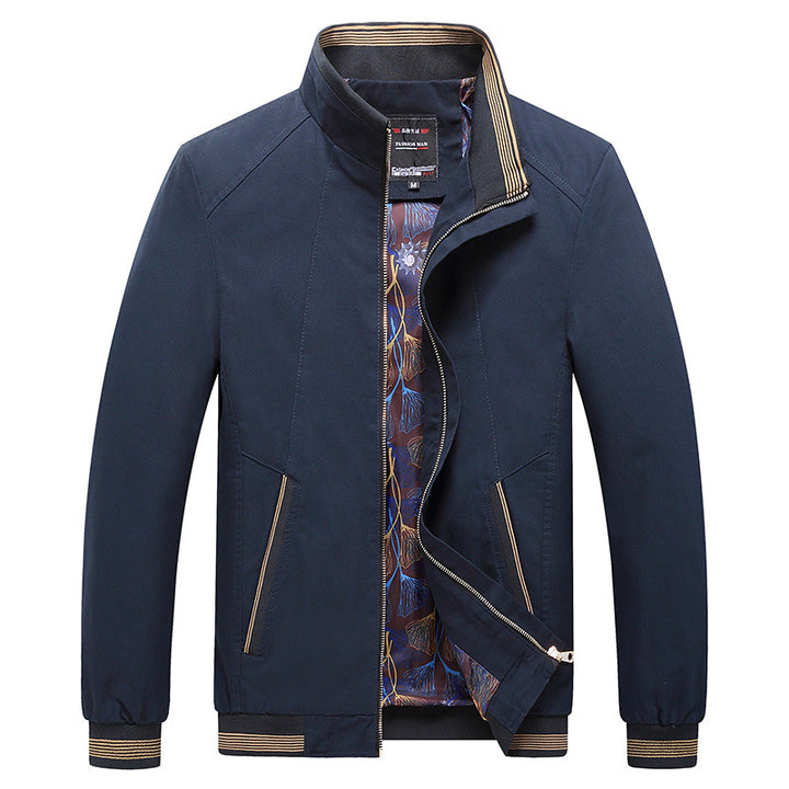 Men's Lightweight Harrington Jacket with Stand-Up Collar, Concealed Zipper, Striped Ribbed Cuffs & Patterned Lining Mune Fashion