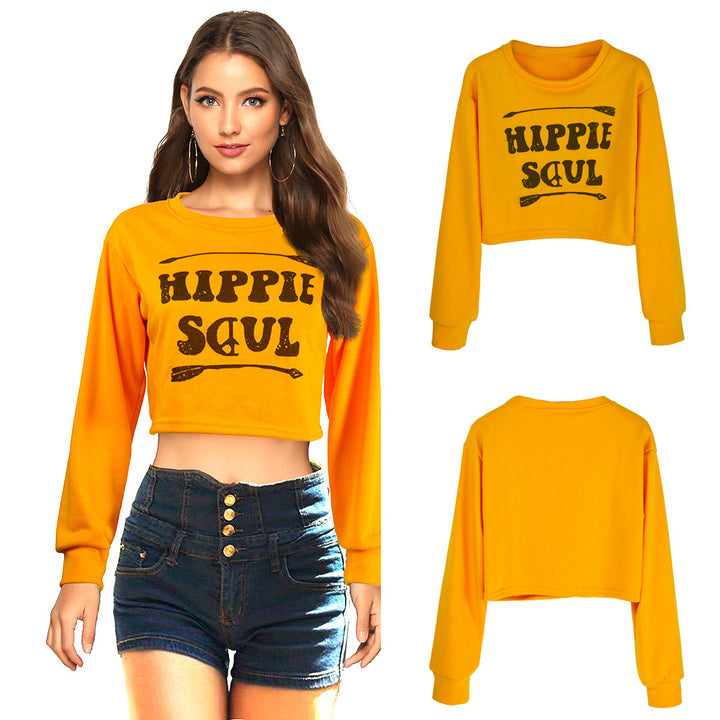 Ladies Short Cropped Sweatshirt with Print, Round Neck and Long Sleeves Mune Fashion