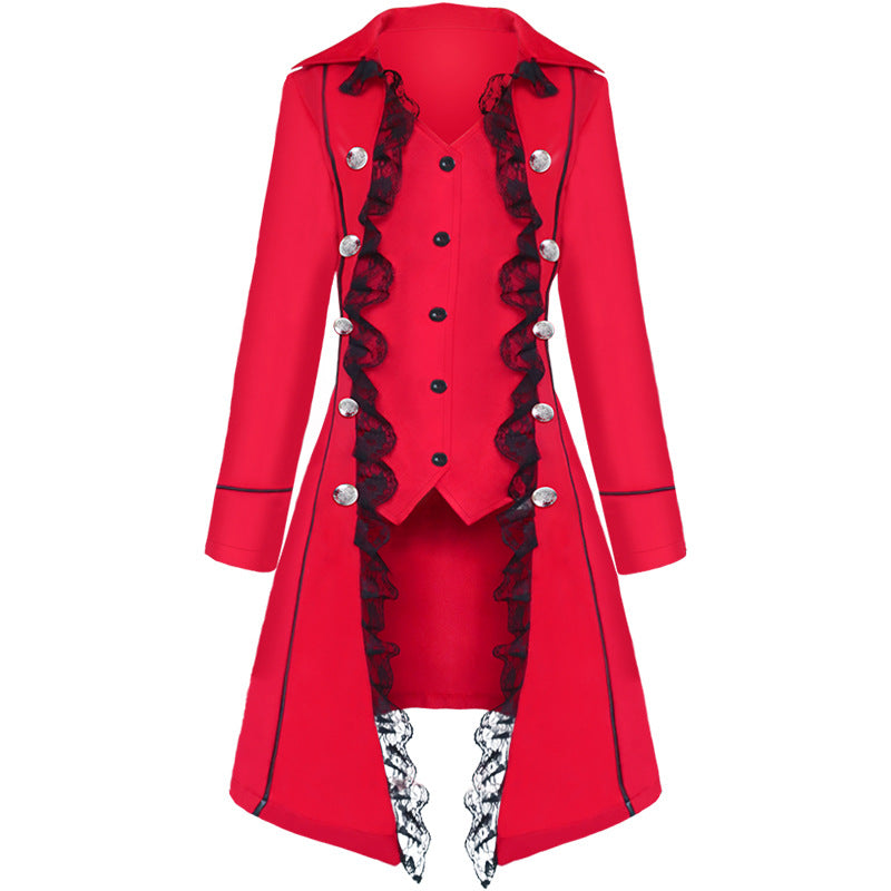 Ladies tailored evening coat in Steampunk style with lace trim and decorative silver buttons Mune Fashion
