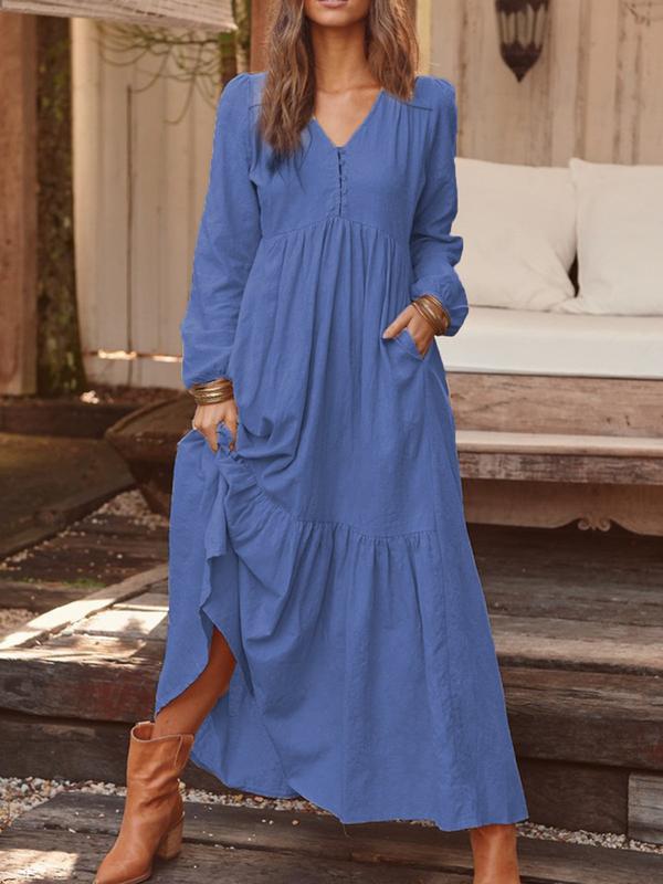 Women's airy maxi dress with V-neck, long sleeves, and side pockets Mune Fashion
