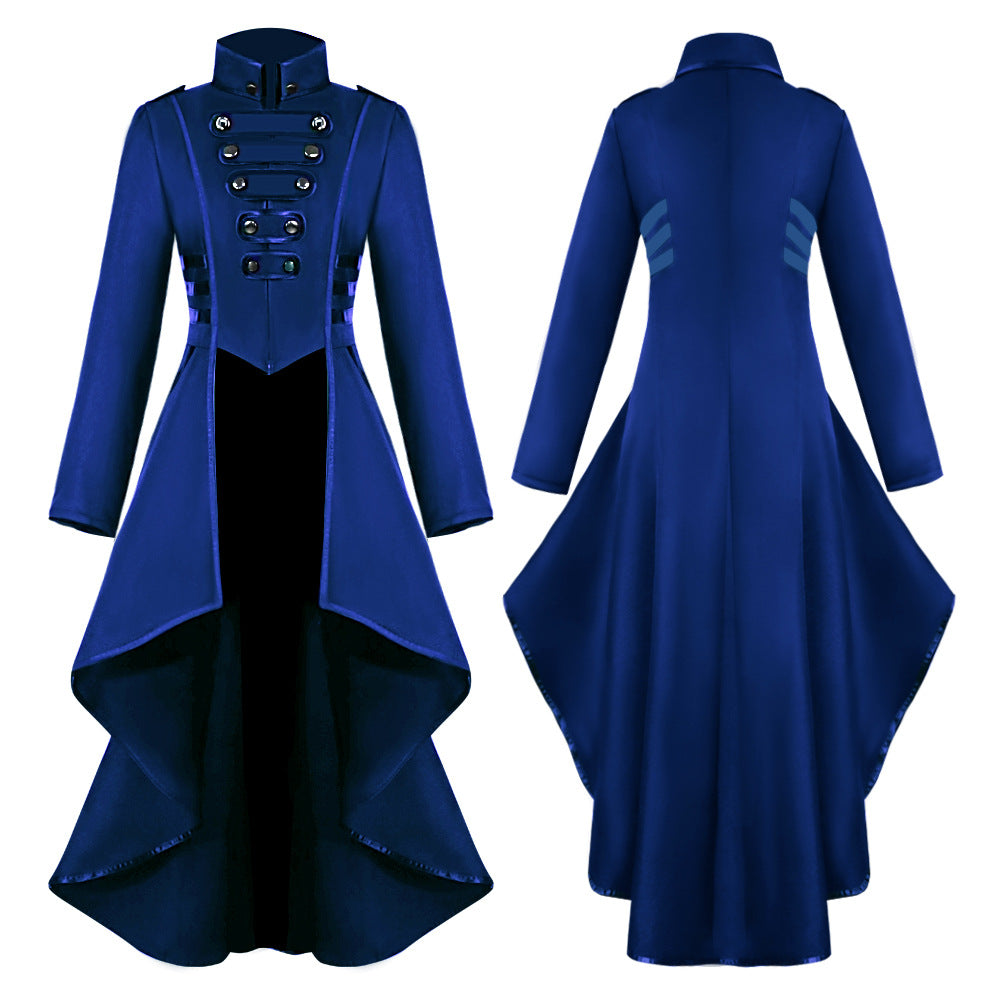 Men's fitted brocade coat in military style with stand-up collar and decorative cord.