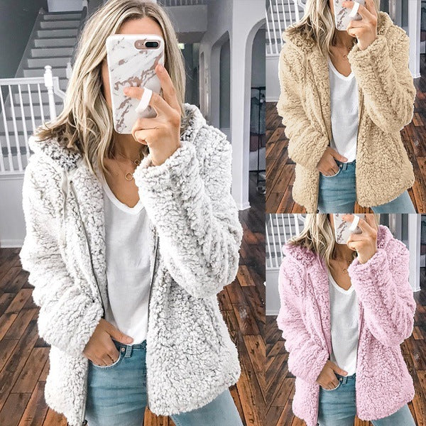 Women nan cozy teddy fleece transitional jacket with hood and zipper Mune Fashion
