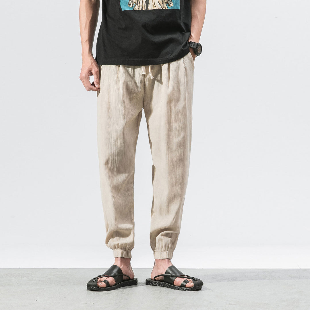 Men's lightweight linen pants with drawstring and elastic cuffs Mune Fashion