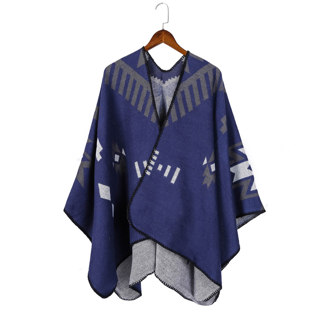 Women's Jacquard Ruana Cloak with Geometric Pattern and Reversible Finish Mune Fashion
