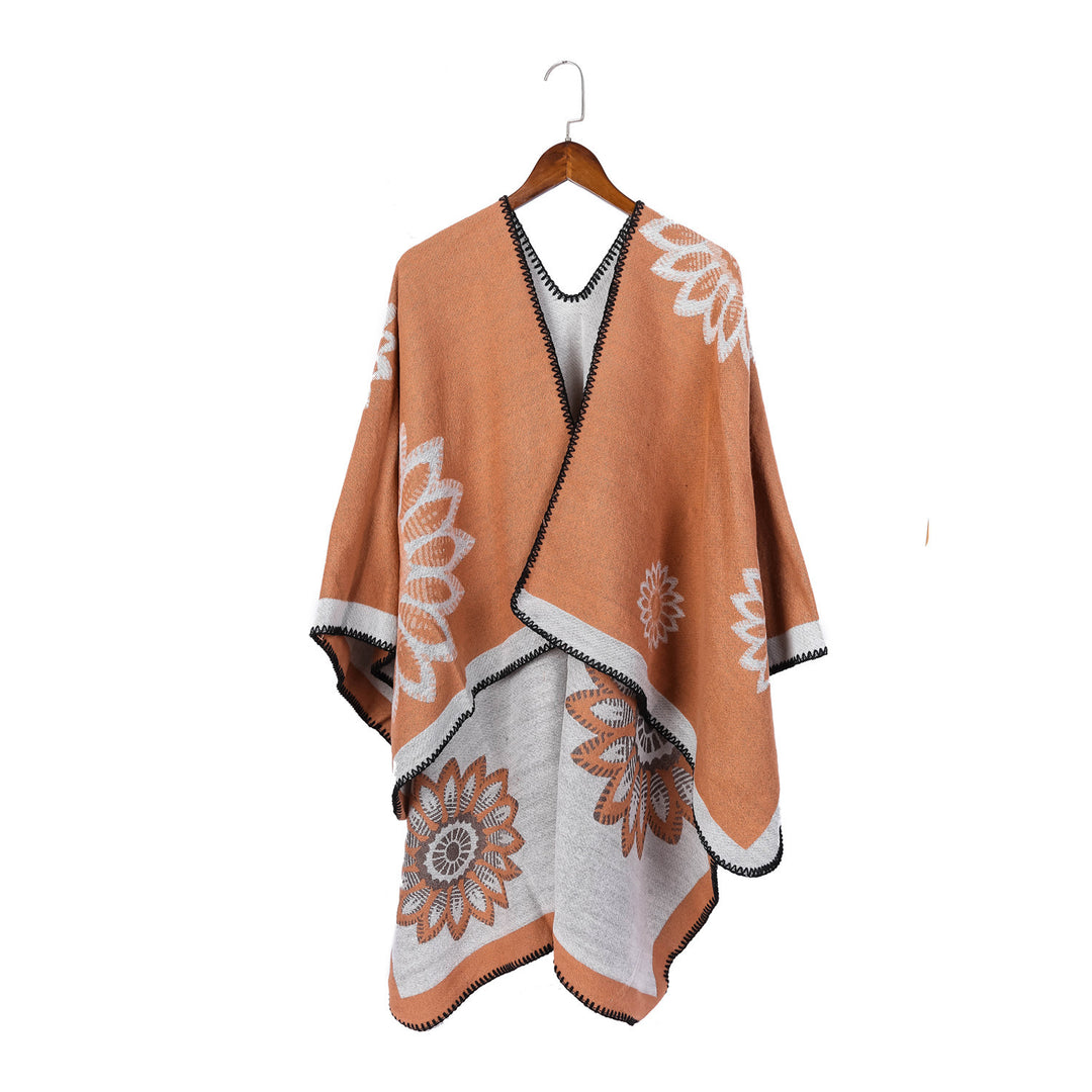 Women's wool blend ruana with floral intarsia jacquard and open kimono silhouette Mune Fashion