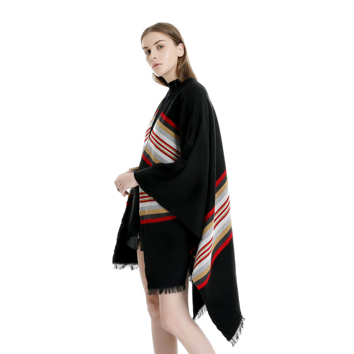 Women Casual Ruana Poncho made of wool blend with asymmetrical point and fine stripe jacquard Mune Fashion