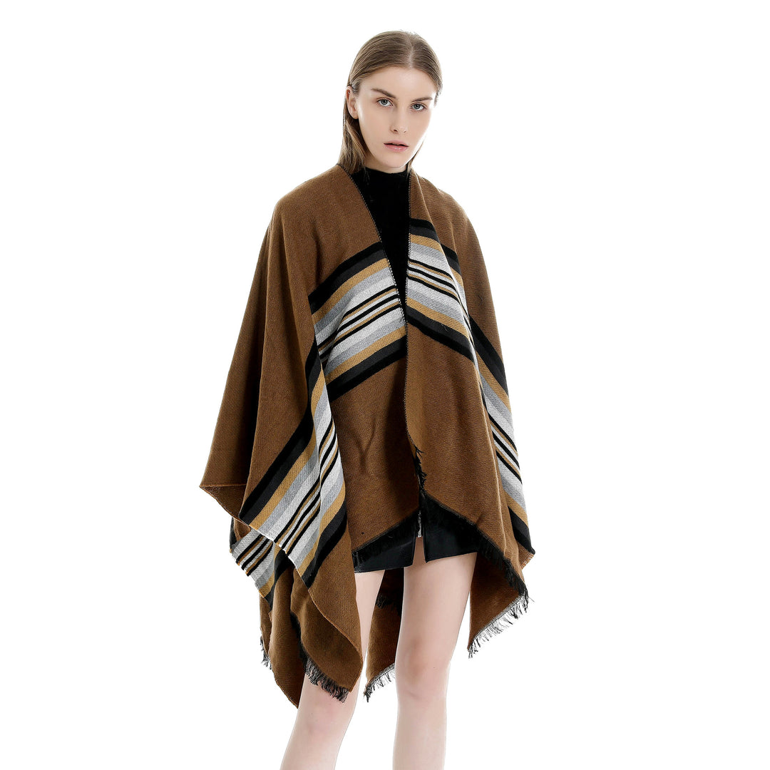 Women Casual Ruana Poncho made of wool blend with asymmetrical point and fine stripe jacquard Mune Fashion