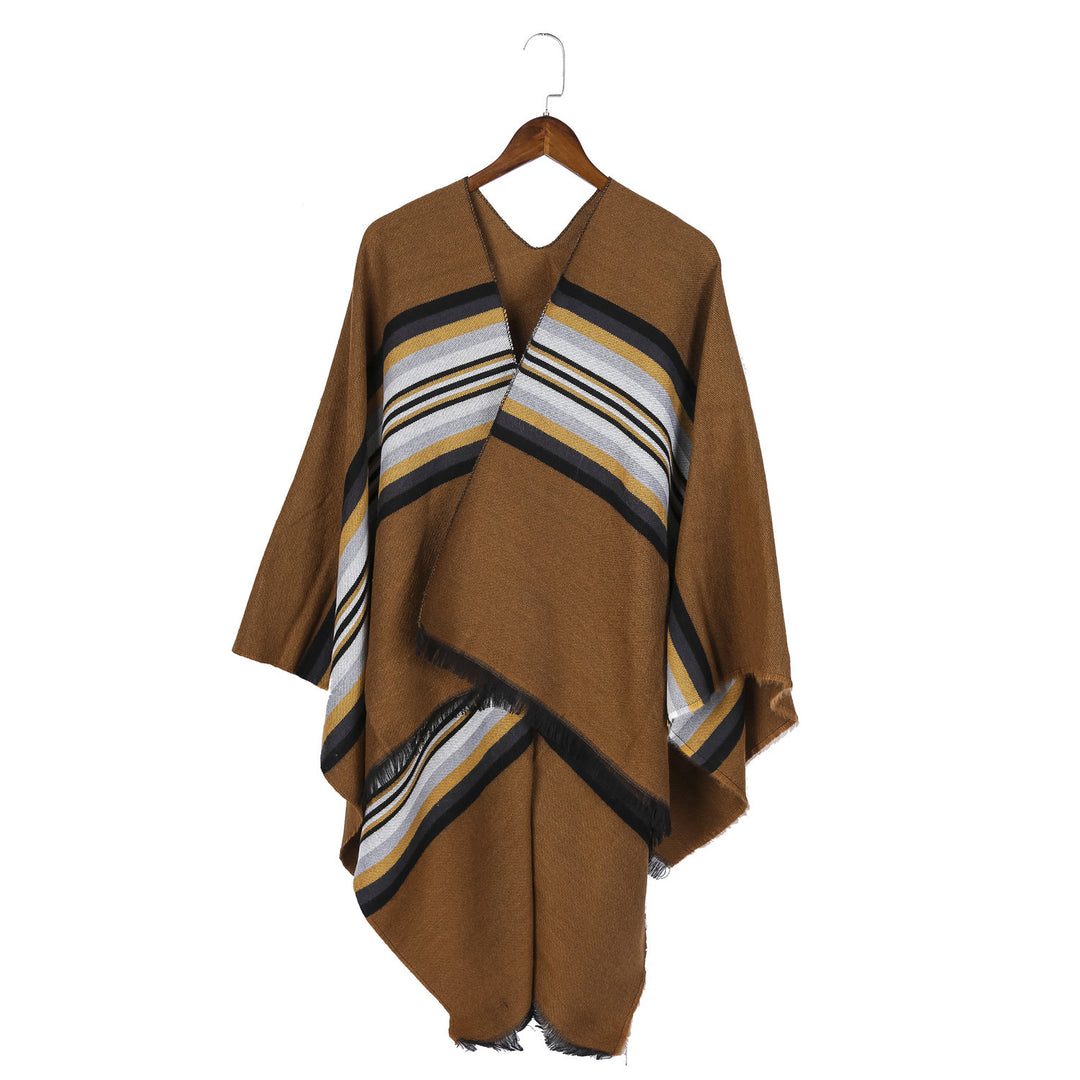 Women Casual Ruana Poncho made of wool blend with asymmetrical point and fine stripe jacquard Mune Fashion