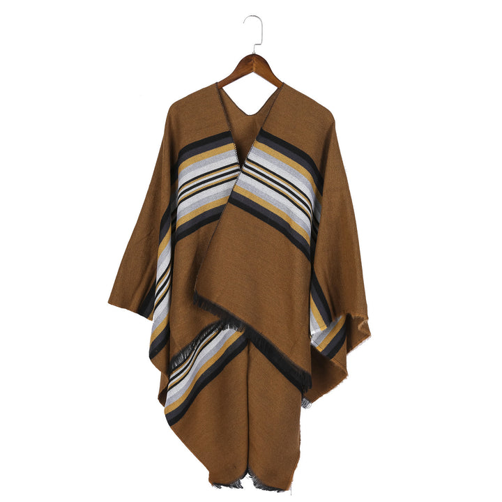 Women Casual Ruana Poncho made of wool blend with asymmetrical point and fine stripe jacquard Mune Fashion