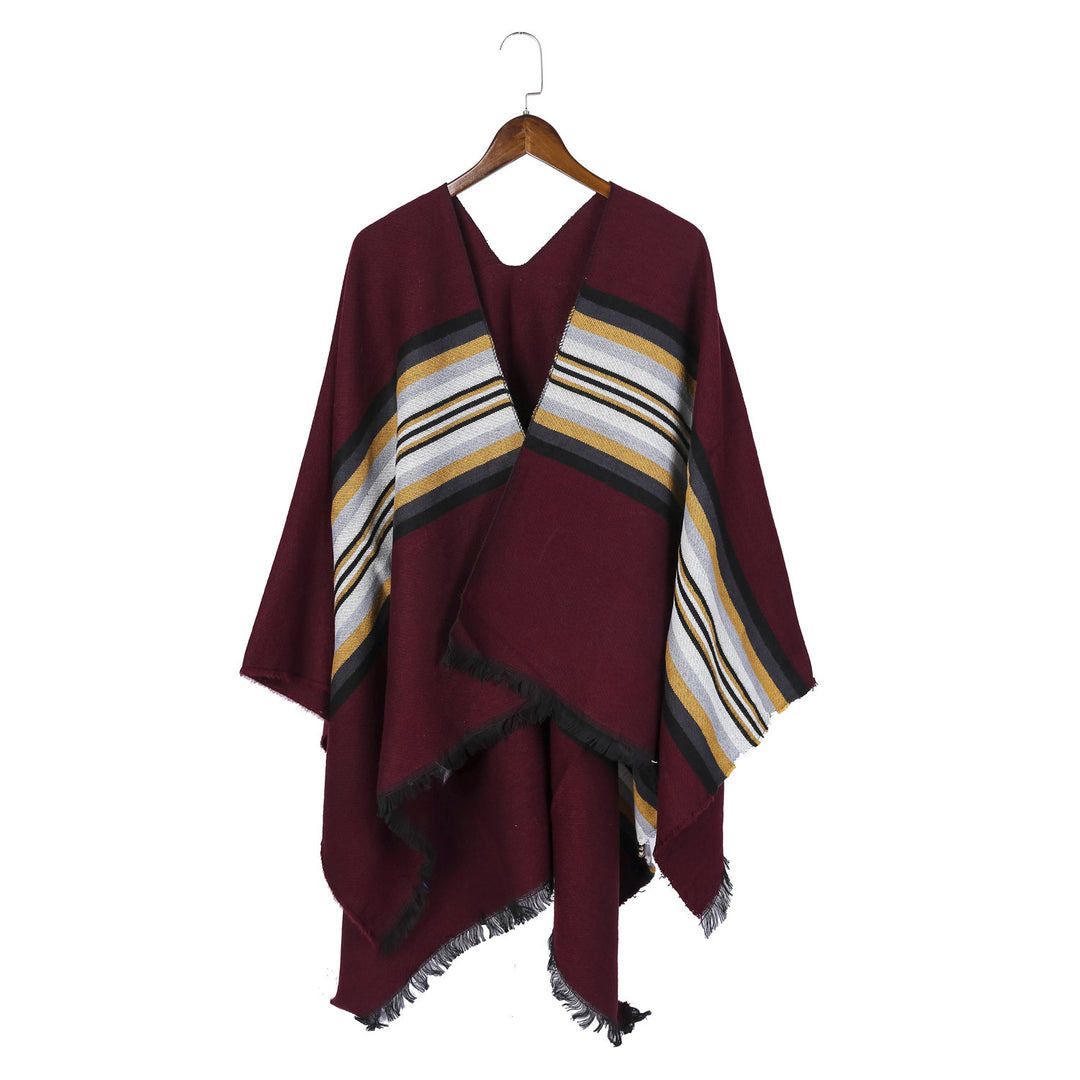Women Casual Ruana Poncho made of wool blend with asymmetrical point and fine stripe jacquard Mune Fashion