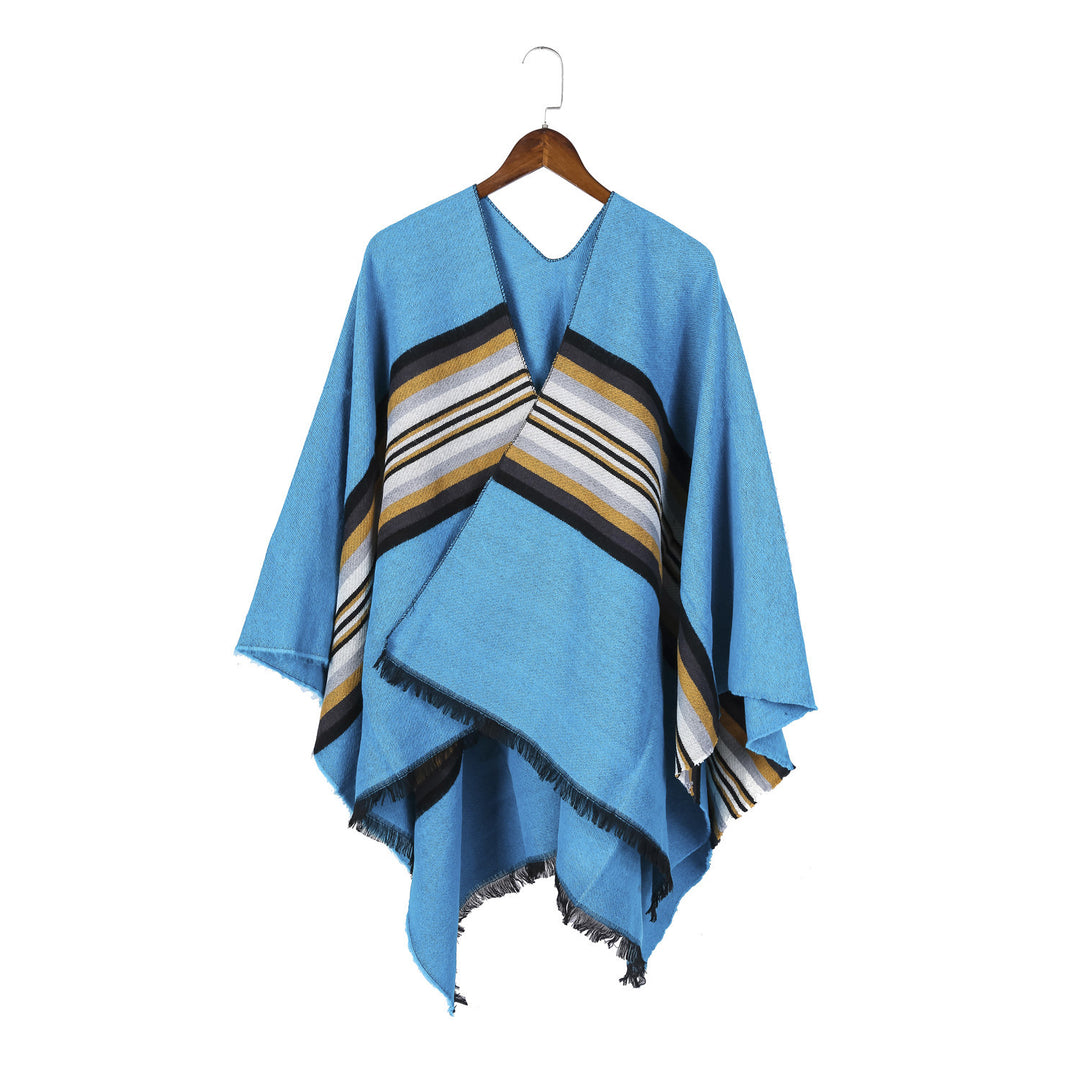 Women Casual Ruana Poncho made of wool blend with asymmetrical point and fine stripe jacquard Mune Fashion